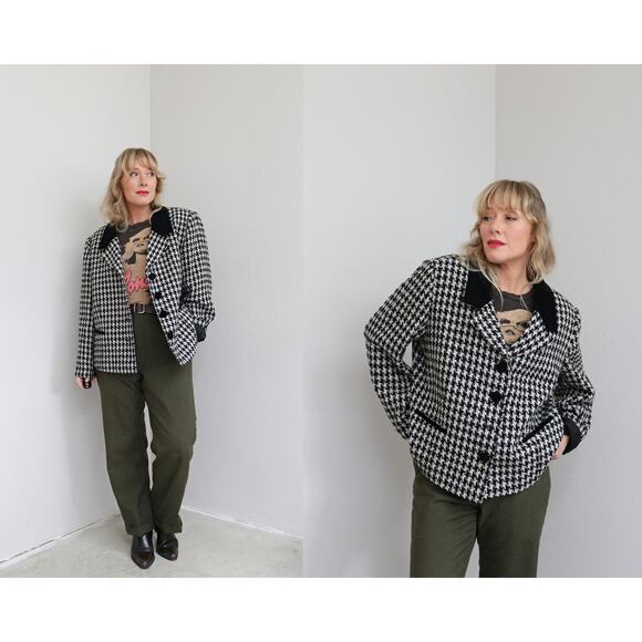 2000's Vintage Lane Bryant Houndstooth & Velvet Boxy Blazer  ~ Women's LG XL 18 - Picture 1 of 8